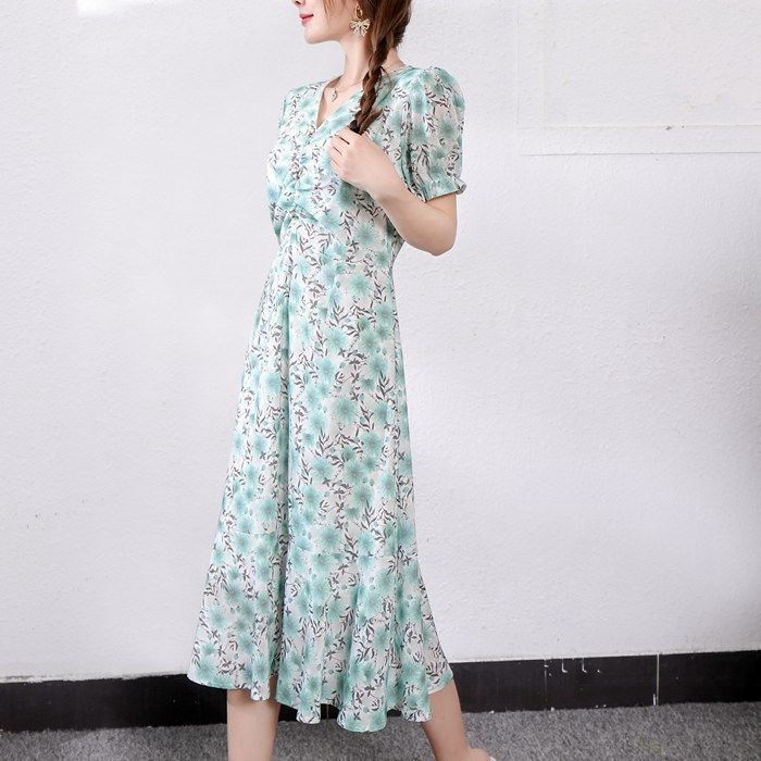 爽やか花柄ロングワンピース　春夏デートや女子会に最適2XLまで対応 花柄 ロングワンピース ワンピース レディース 花柄 シフォン