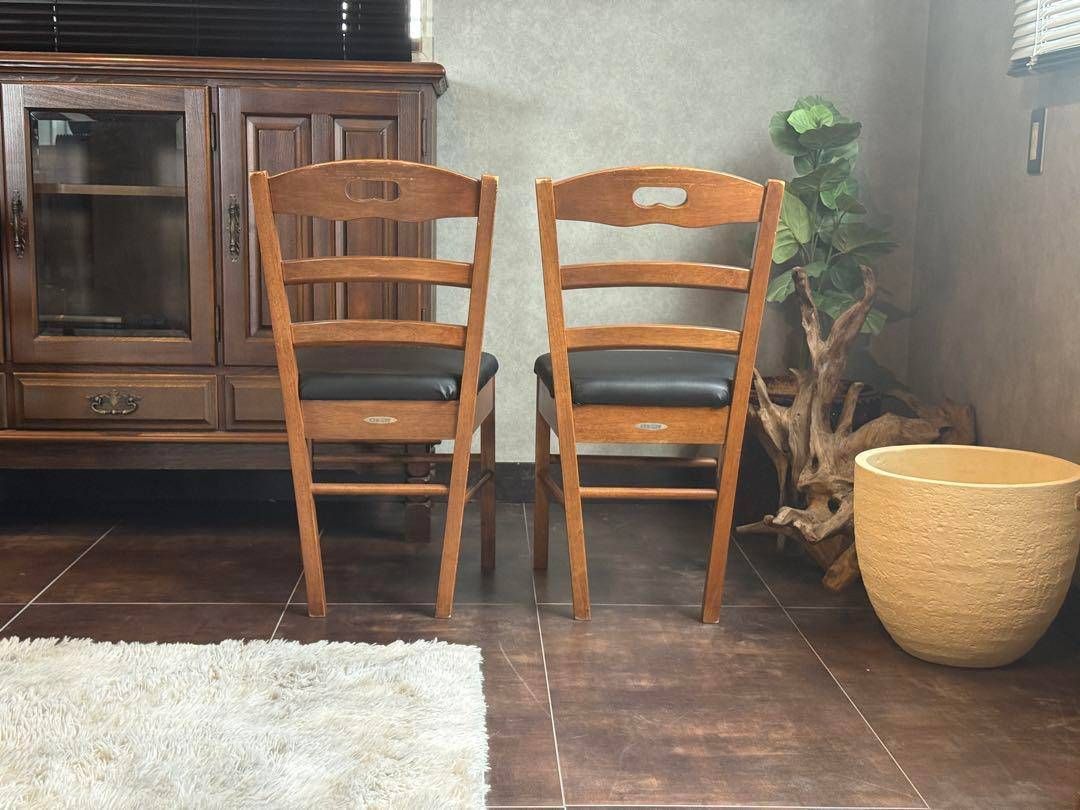 ヴィンテージチェア座面ブラックレザーチェリーレトロ4脚セットnz