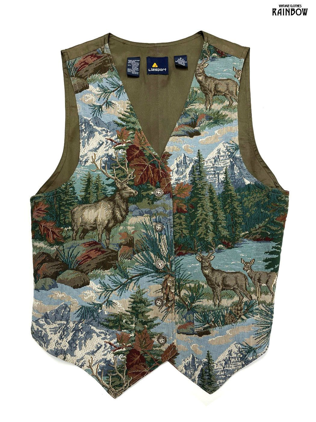 古着 Liz Sport リズスポーツ 鹿 ゴブラン織り 総柄 コットン ノースリーブ ベスト 緑 カーキ モスグリーン ttu2510012