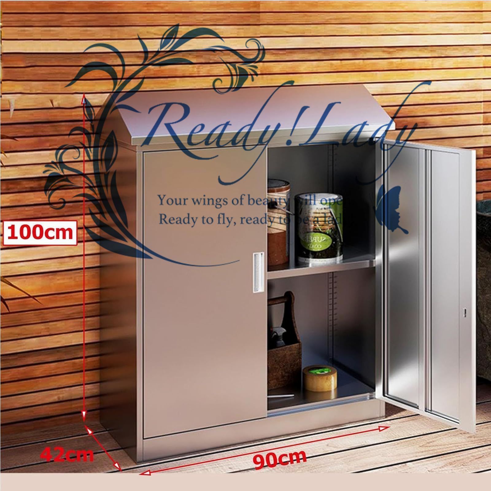 耐候性ステンレス鋼屋外収納小屋 ロック なドア付き省スペースガーデンツールキャビネット ステンレス鋼収納 90 42 100cm