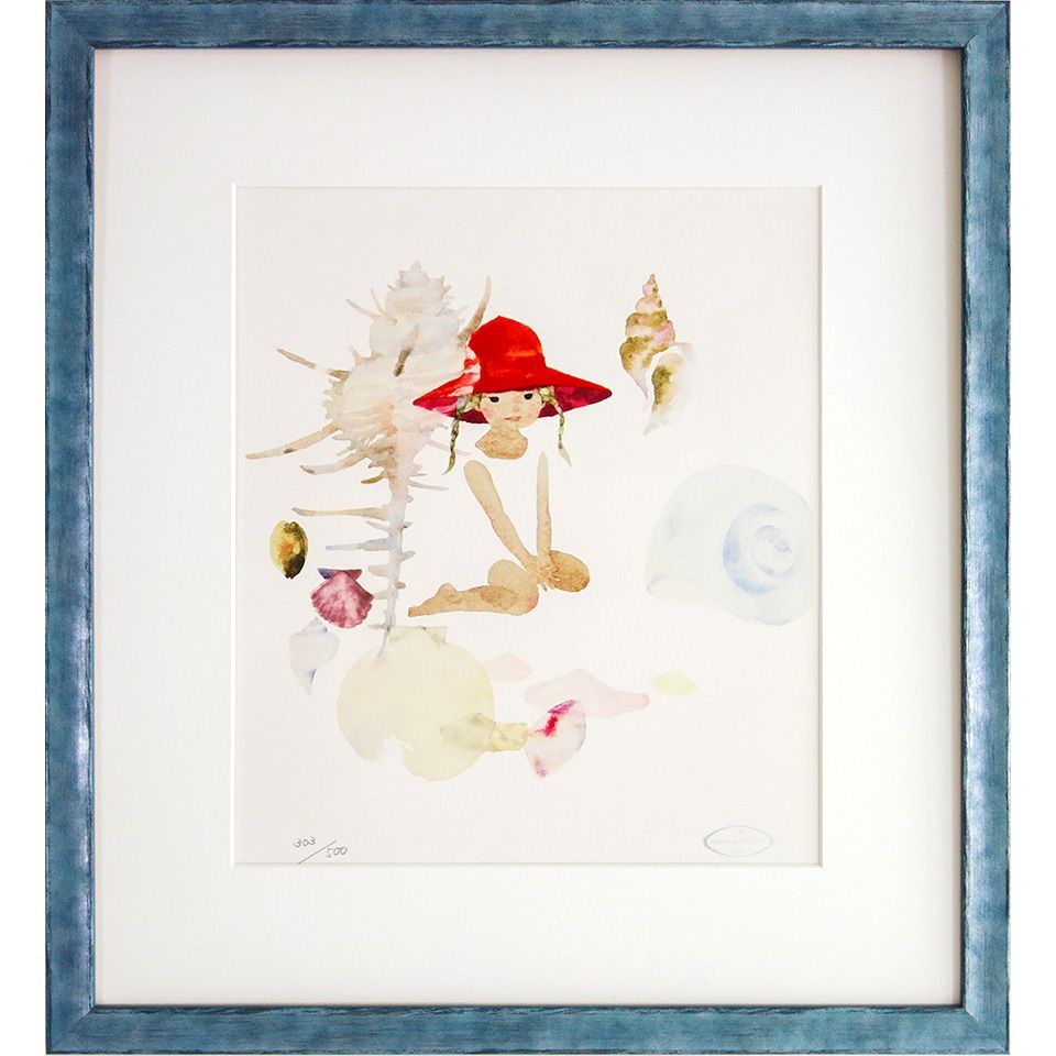 いわさきちひろ 貝がらと赤い帽子の少女 額縁付き 230/500