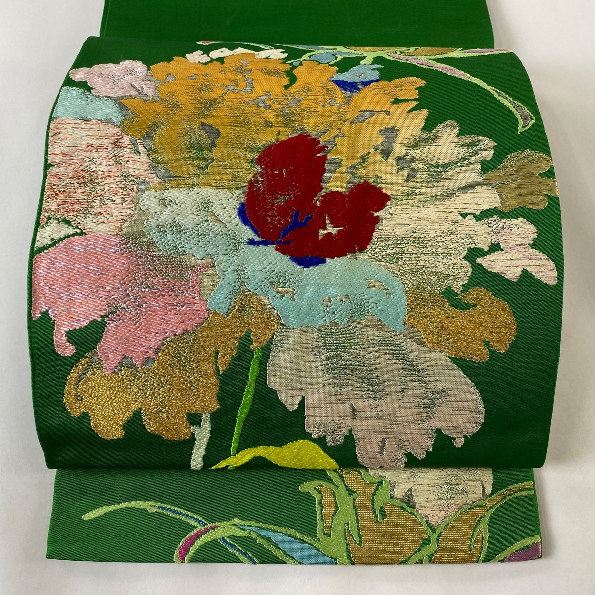 龍村 袋帯 緑 金 袋帯 美品 逸品 龍村晋 落款 花唐草 縞 金糸 箔 青緑 全通 正絹