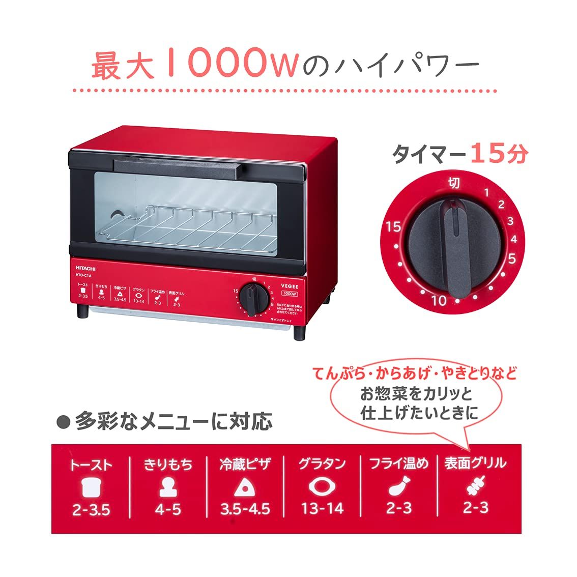 日立 オーブントースター 1,000W 一人暮らし 山形/角型パン2枚焼き HTO-C1A R レッド