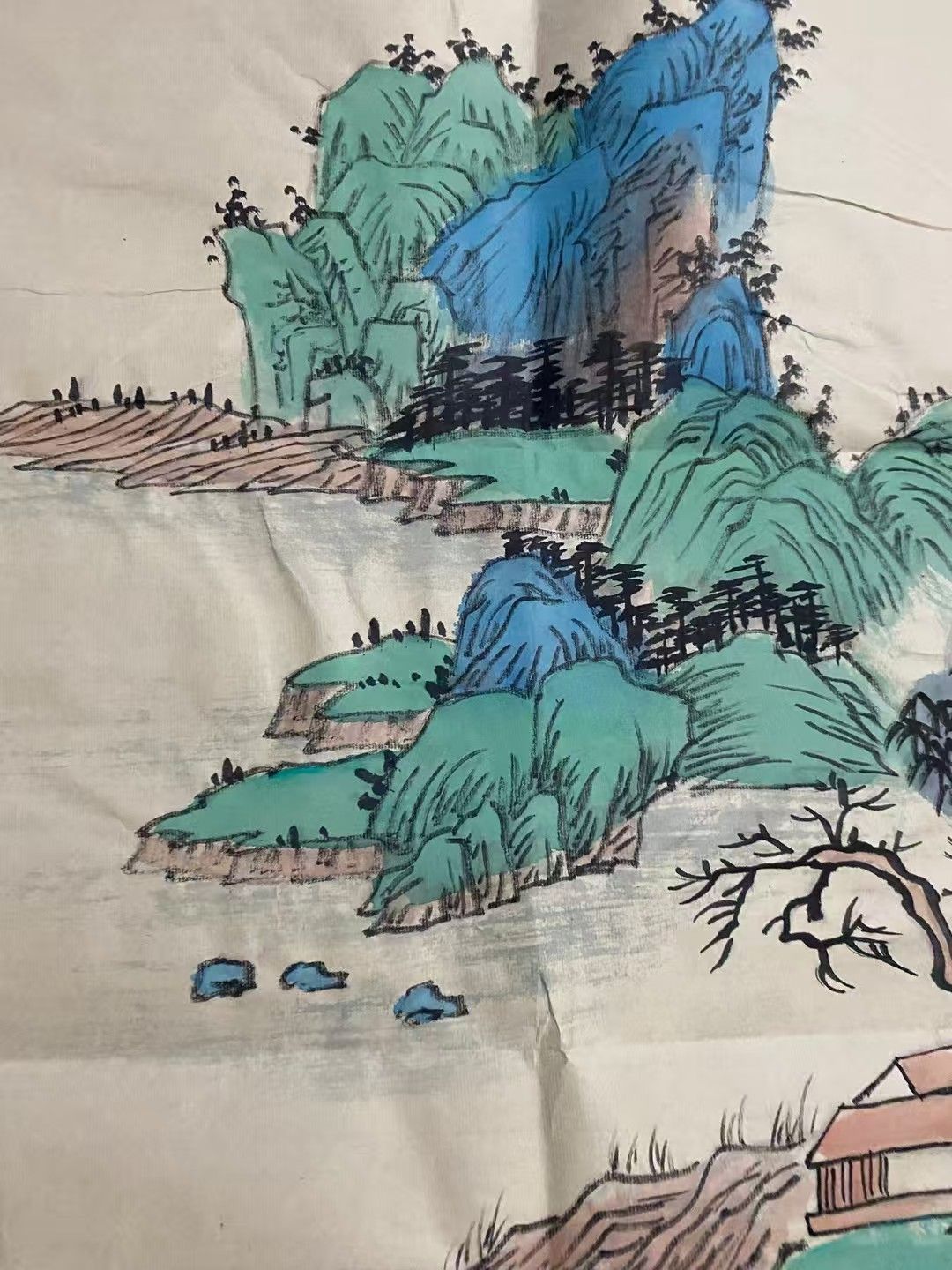 中国古美術・仕女図三尺画芯・純手描き・工筆・彩色画・仇英印款