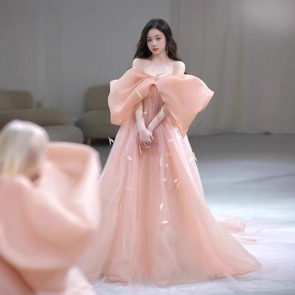 ピンク ドレス オフショルダー ビッグリボン 発表会 ロングドレス 大人 高校生 ゆめ コンクール 大きいサイズ対応WP 109