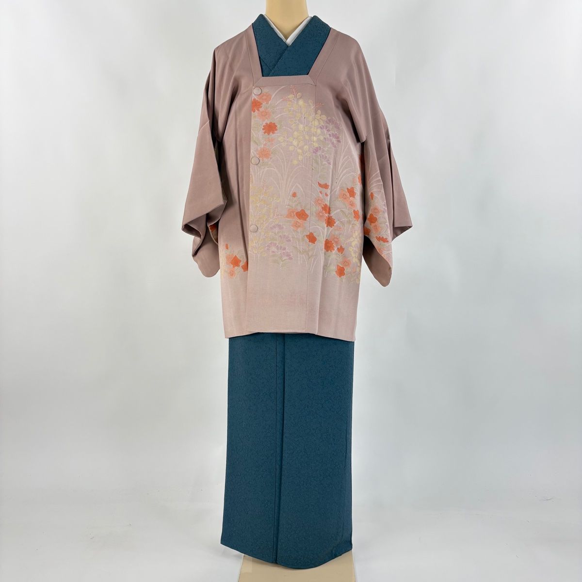 道行 身丈83cm 裄丈63.5cm S 和装コート 角衿 秋草 ぼかし ピンク 正絹 秀品