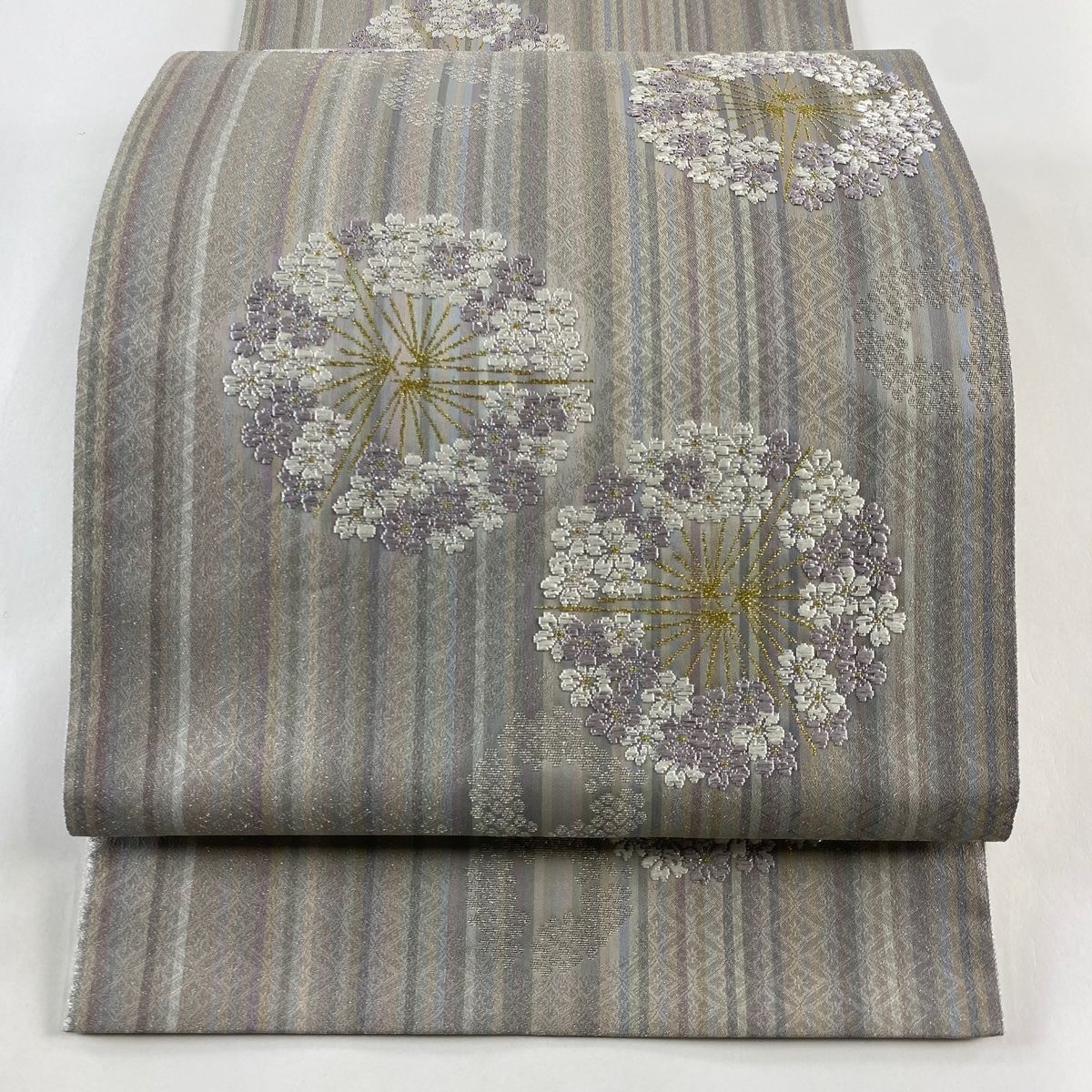 袋帯 美品 名品 やまと 桜 金銀糸 灰紫 六通 正絹 【中古