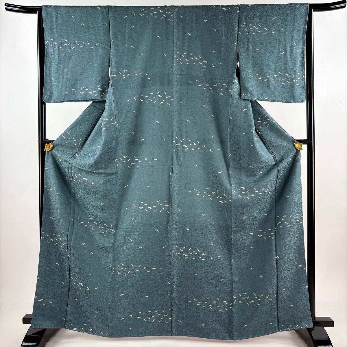 小紋 身丈166cm 裄丈64cm M 袷 花びら 地紋 青緑 正絹 秀品