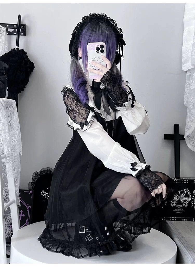 ロリィタ ロリータ ゴスロリ ワンピース レース スカート コスプレ メイド 黒 幼女 襟付き リボン サブカル 服 長袖 地雷系