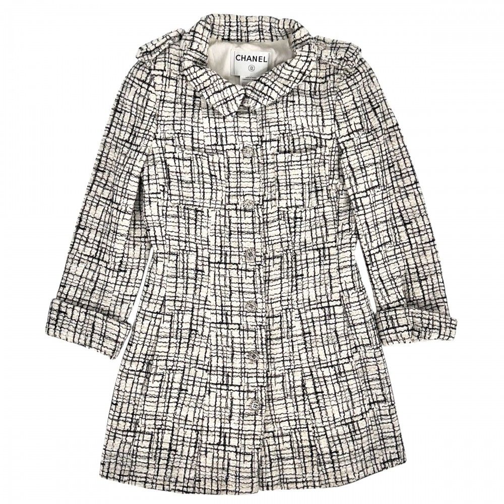 シャネル アウター レディース ツイード ロングジャケット アパレル 服 ココボタン ココマーク CHANEL 38 アイボリー ブラック 黒 春 秋