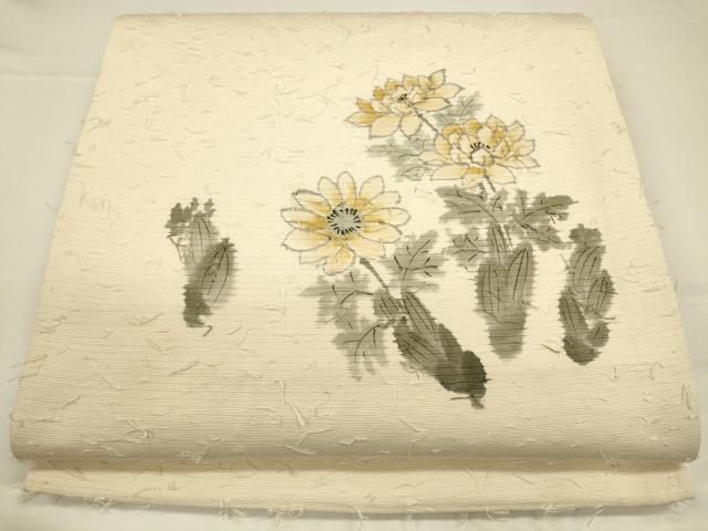 平和屋2◎九寸名古屋帯　作家物　紬地　刺繍　草花文　柿色　逸品　DAAH1505ox