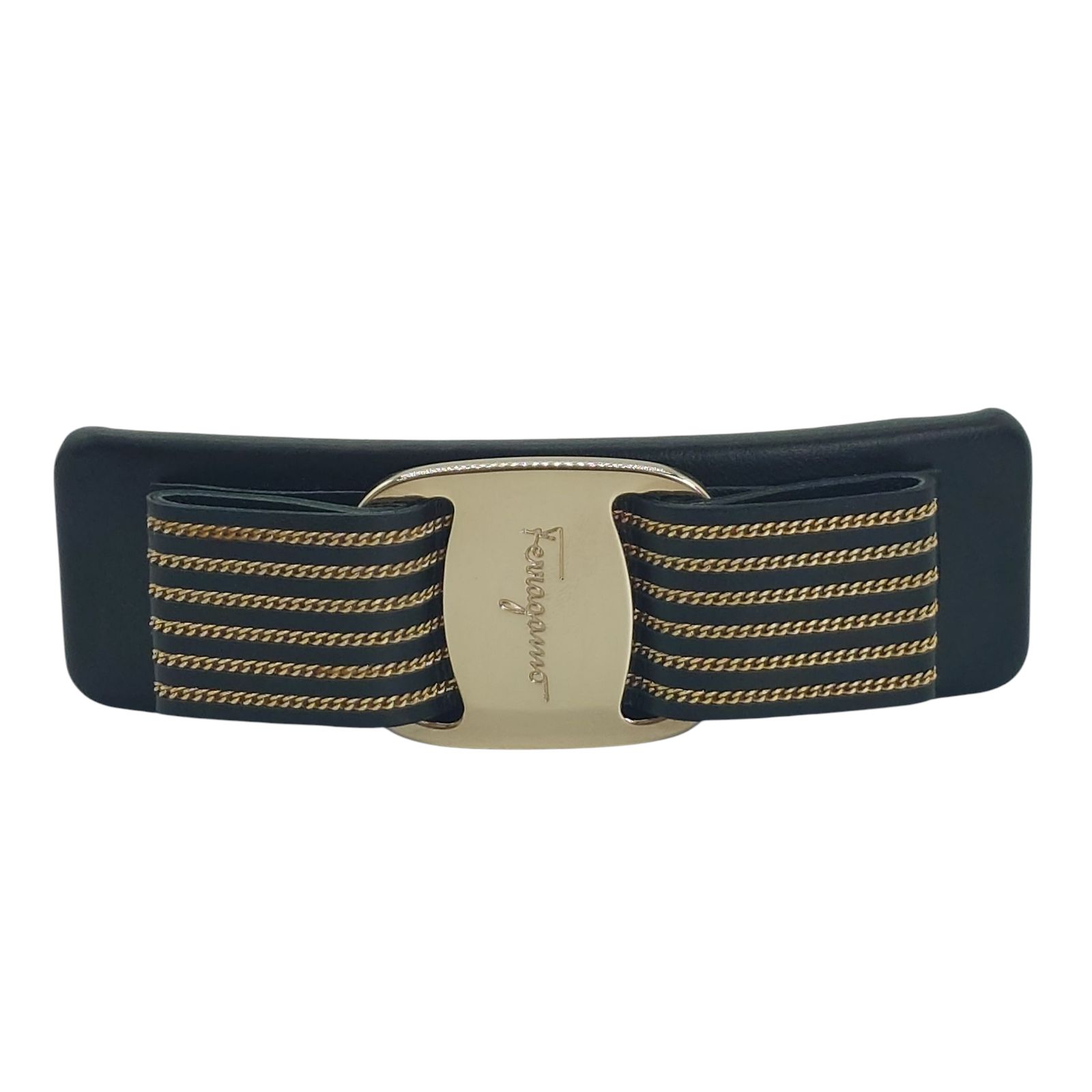 Salvatore Ferragamo フェラガモ バレッタ ヴァラリボン ブラック コールド レザー メタル