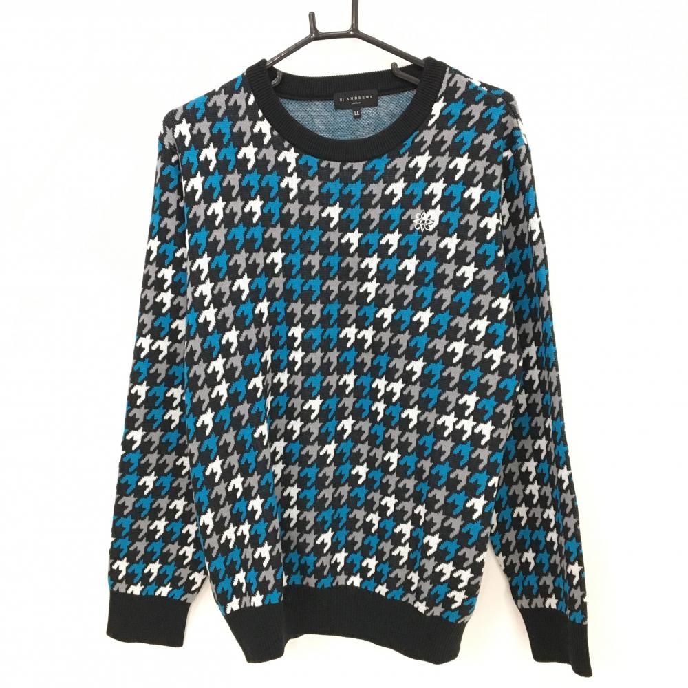 超 セントアンドリュース セーター 黒×ライトブルー 千鳥格子 ニット ウール混 メンズ XL ゴルフウェア St ANDREWS