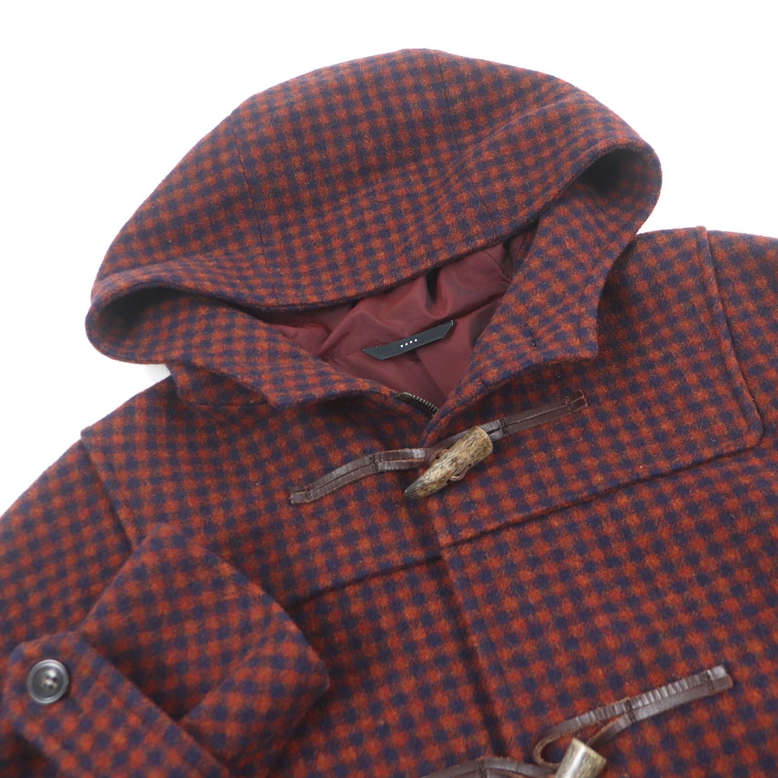 極美品□Hevo イーヴォ バージンウール100％ チェック柄 トグルボタン ロング丈 ダッフルコート オレンジ ネイビー 50 イタリア製 メンズ 極美品□Hevo イーヴォ バージンウール100％ チェック柄 トグルボタン