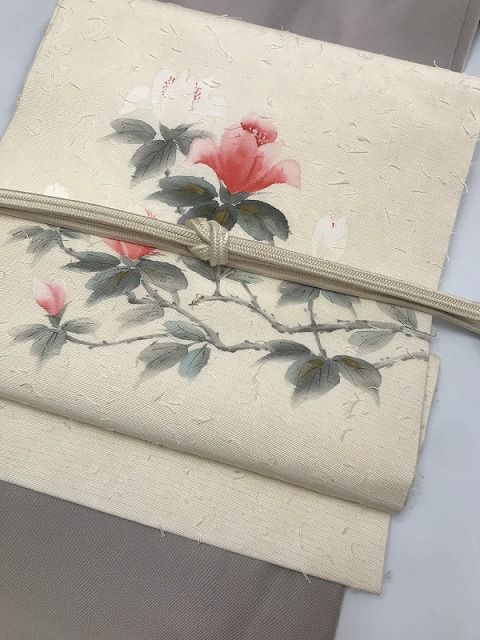 中古】 名古屋帯 正絹 白地に枝花模様 ヒゲ紬 髭紬 九寸 お太鼓