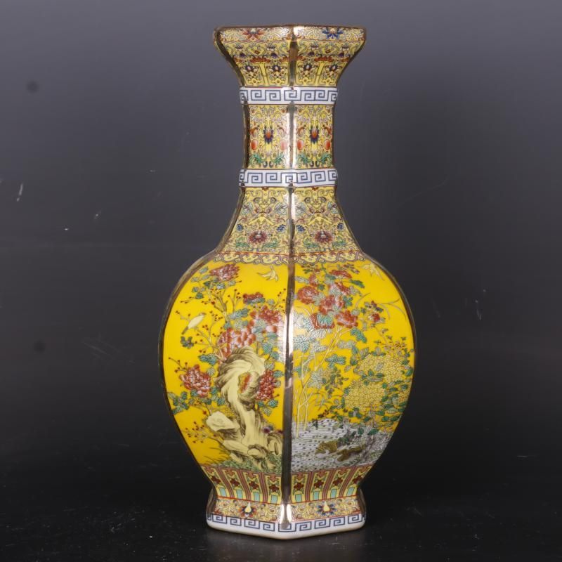 乾隆琺瑯彩花鳥紋六稜賞瓶 景徳鎮 陶磁器 装飾品 現代工芸品 美術品