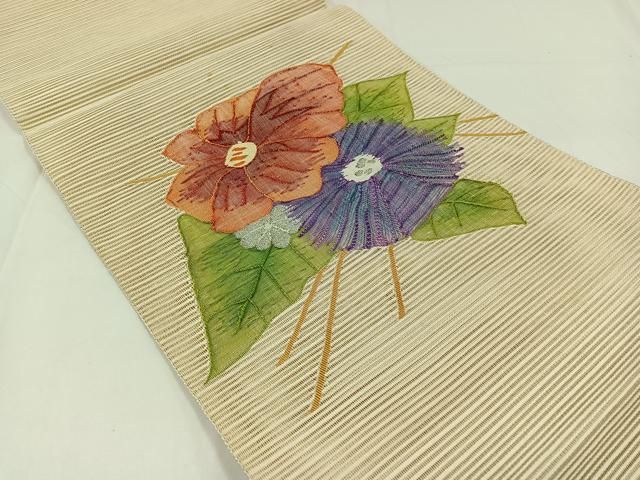 平和屋着物＊夏物 絽綴れ 八寸名古屋帯 草花文 銀糸 正絹 逸品