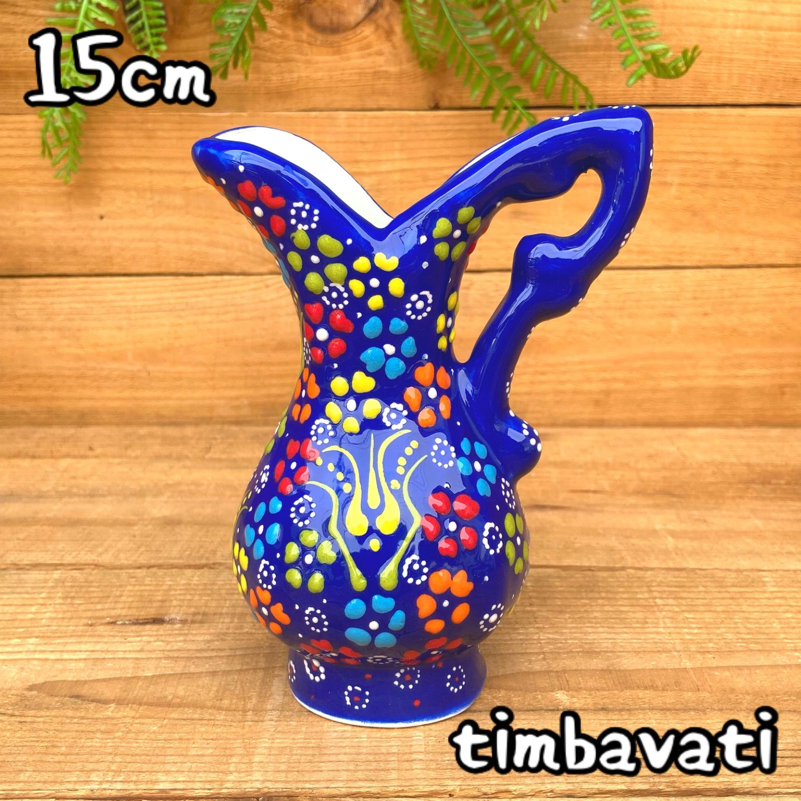 15cm【トルコ】手描き 花瓶 フラワーベース 取手付き＊ブルー＊キュタフヤ陶器