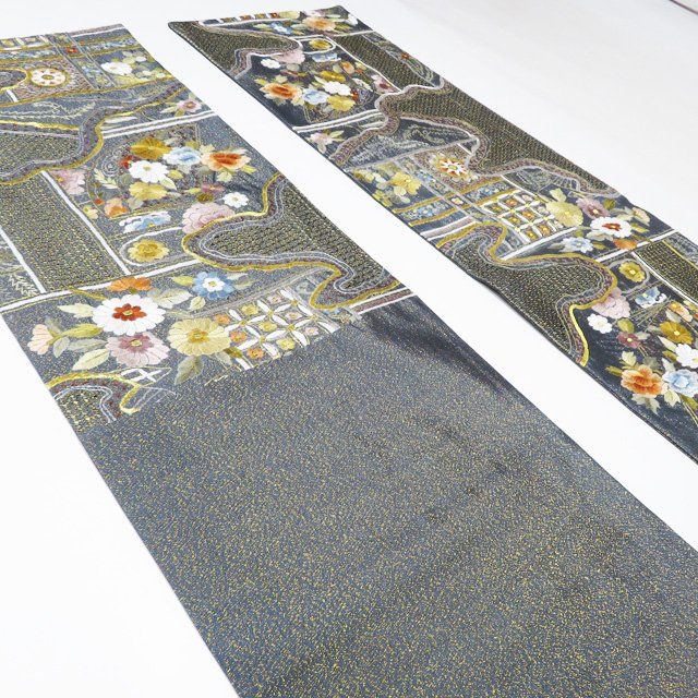 蘇州刺繍 汕頭刺繍 大華紋 袋帯 金彩 唐花 カラー芯 正絹 六通 Q757 蘇州刺繍 汕頭刺繍 大華紋 袋帯 金彩 唐花 カラー芯 正絹 六通 Q757