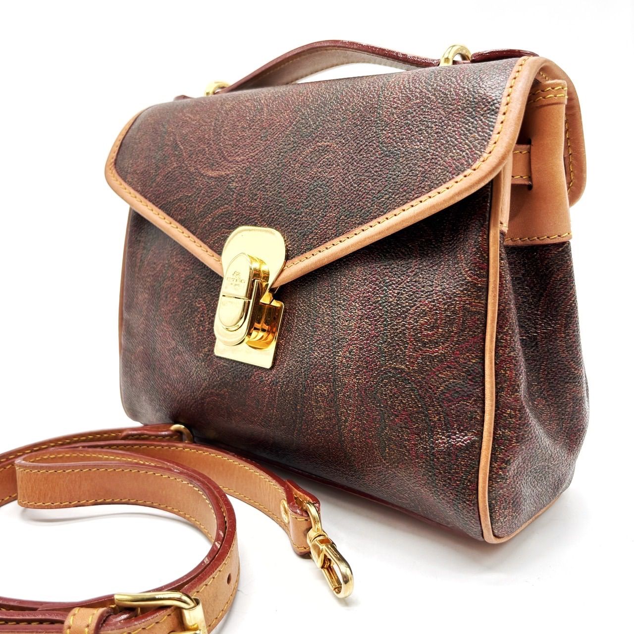 ETRO エトロ ハンドバッグ トートバッグ ショルダーバッグ ペイズリー柄 総柄 ブラウン 茶色 PVC レザー 革 ゴールド金具 フラップ ユニセックス 男女兼用 メンズ レディース