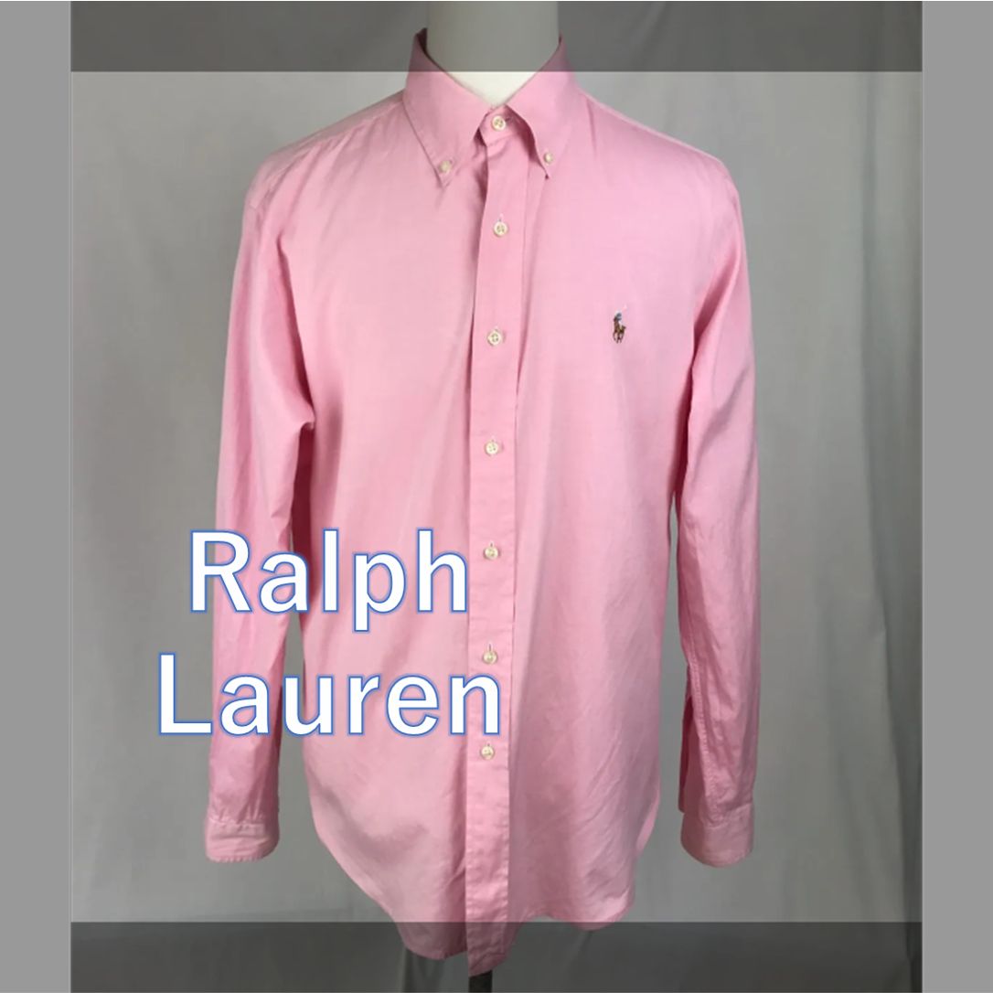A078　RalphLauren　ラルフローレン　長袖　シャツ　ピンク　ワンポイント刺繡　15 1/2 34/35　メンズ　古着