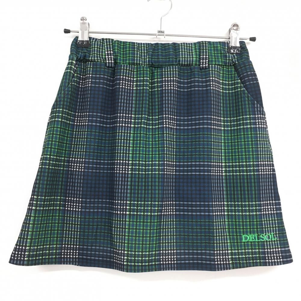 【超美品】デルソル スカート グリーン×ネイビー チェック ストレッチ 内側インナーパンツ レディース M ゴルフウェア DELSOL