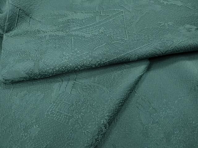 平和屋着物●上質な色無地 御所車風景人物地紋 千草色 正絹 CAAZ2600ut