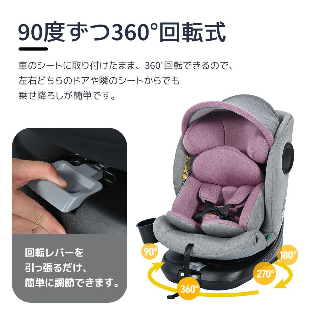 Kidsbliss チャイルドシート【トップテザータイプ】ISOFIX  0歳～12歳 360度回転式 ジュニアシート 150cm身長対応 5点式ハーネス EU安全基準R129対応 調節可能 洗える キャノピー付き ドリンクホルダー付き PP311761