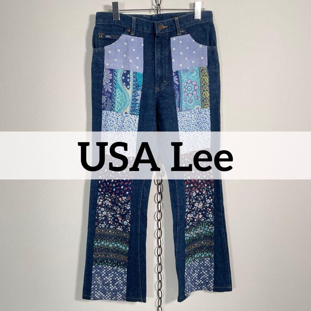 Usa 90s Vintage LEE × GARAGE HOUSE フ デニムパンツ ブーツカット パッチワーク リメイク 花柄 サイズ29 XLサイズ程度