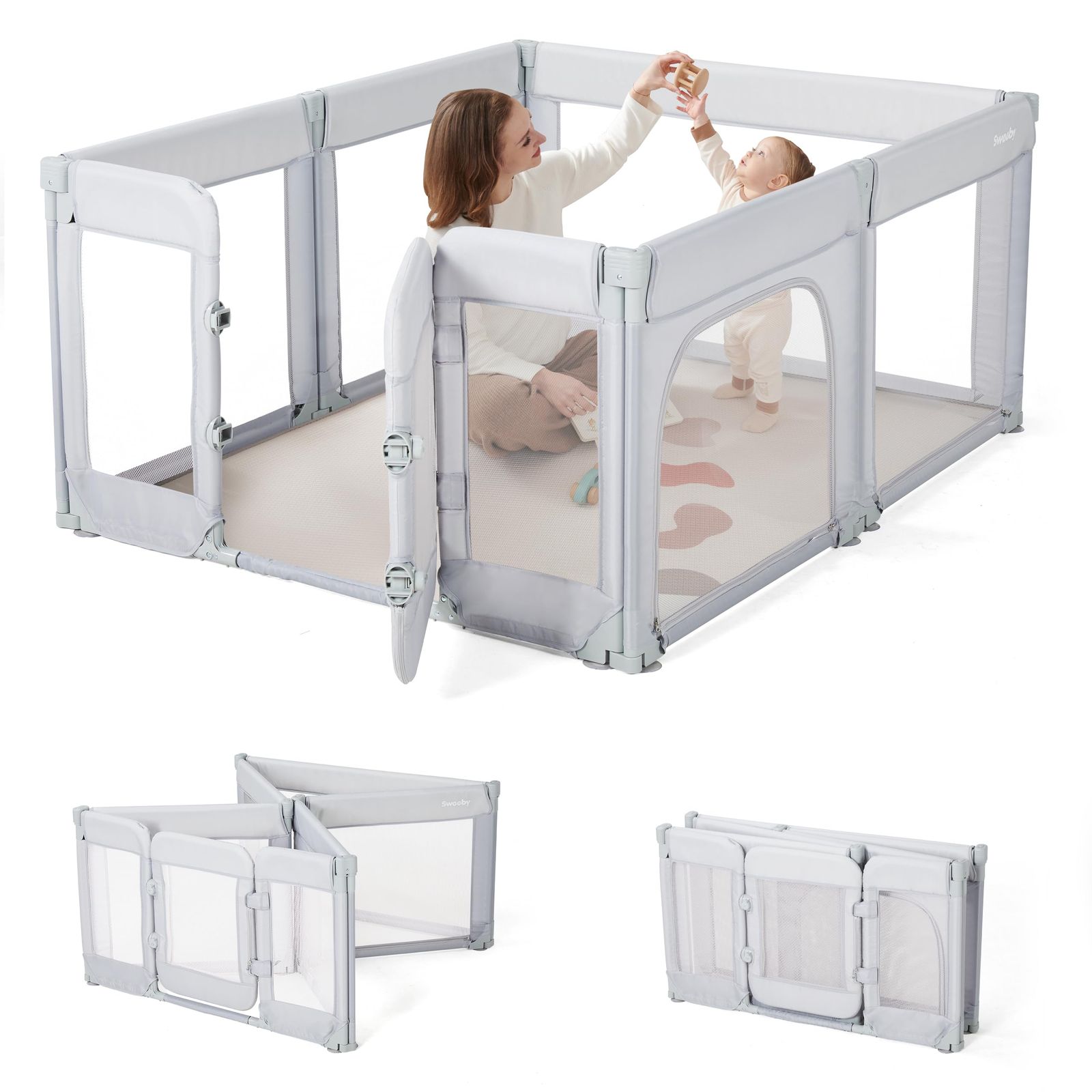 人気商品Sweeby ベビーサークル 120 x 160 cm 折りたたみ式 大型ドア付き 室内外兼用 形状 サイズ調整 収納便利 2個の取っ手付き