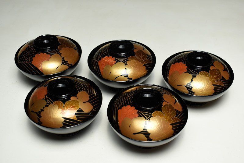 蔵C9452b 木製漆器 蒔絵花文 吸物椀 五客 木箱