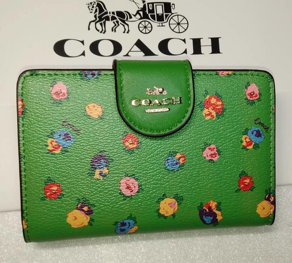 COACH 新品 グリーン バラ レディース 折り財布 コーチ 緑 花柄 財布