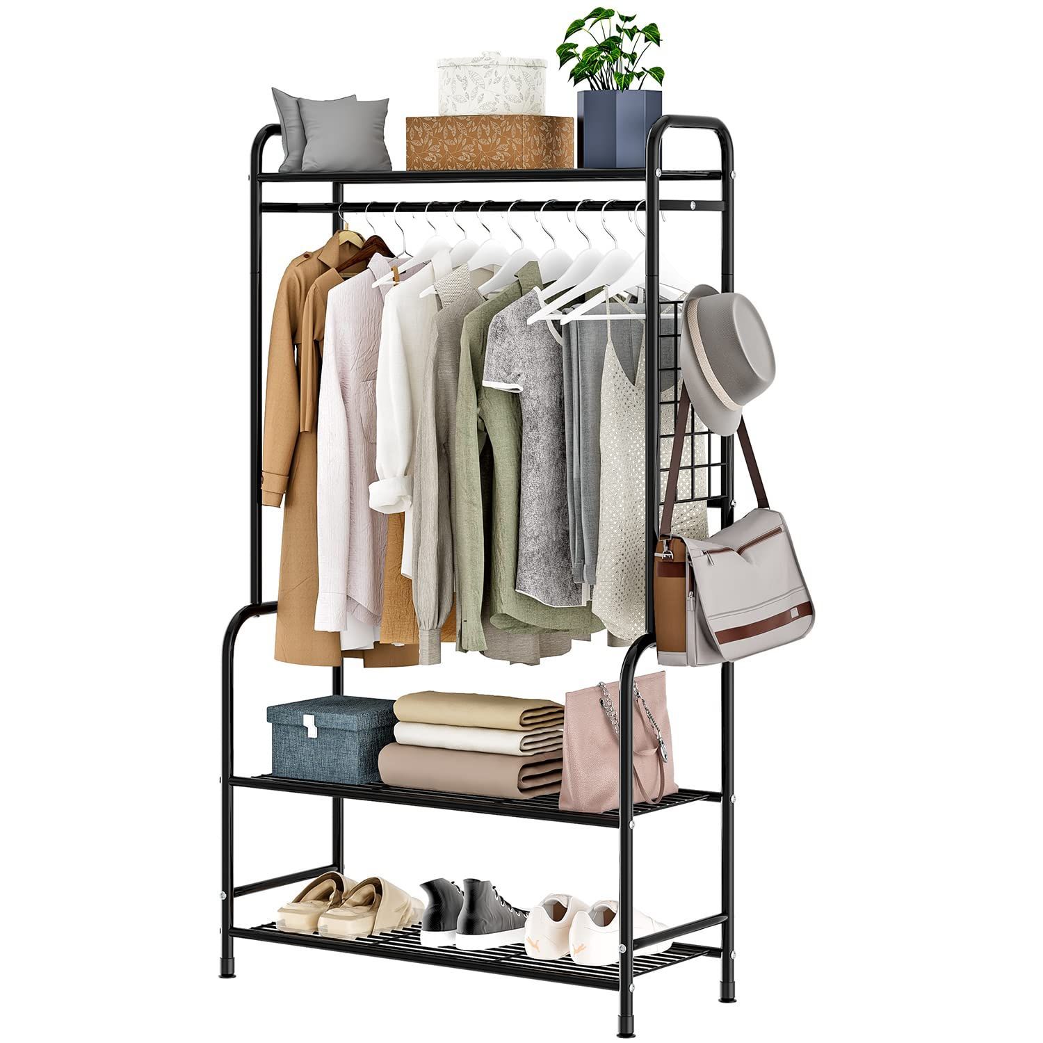 【人気商品】コート掛け 衣類収納 物干しスタンド 収納ラック おしゃれ フック付き 洋服ハンガー シングル 防サビ 防水 パイプハンガー 高耐荷重 耐腐食性 組立簡単 ハンガーラック 75*40*168cm (ブラック)