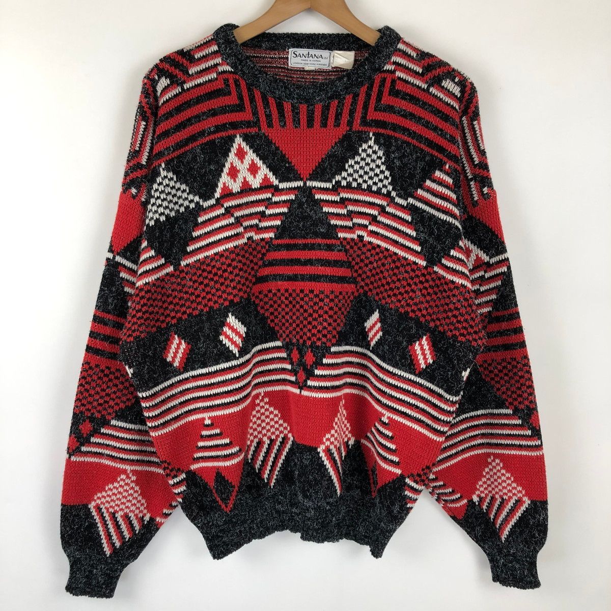 【古着】 SANTANA 総セーター 幾何学 アバンギャルド ヴィンテージ レッド系 メンズL 【中古】 n021429