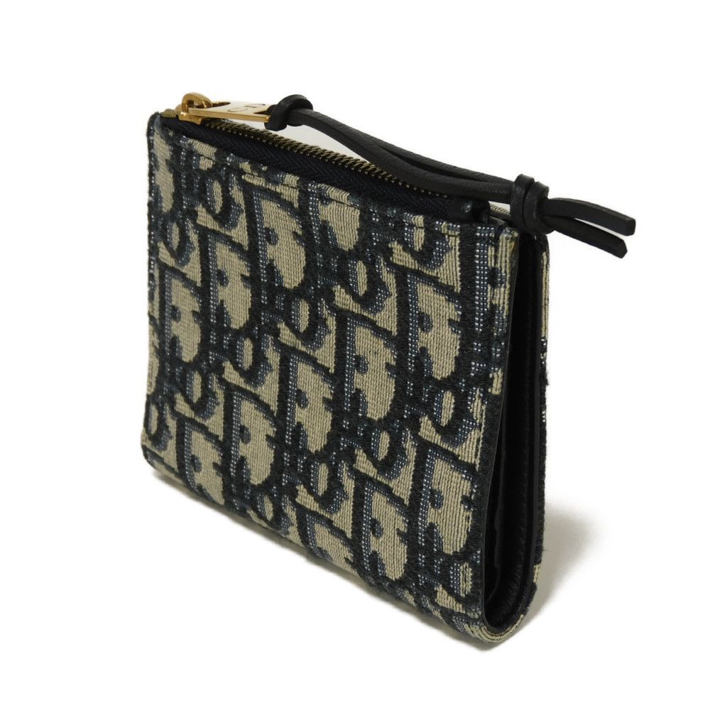 Dior ディオール コンパクト ウォレット ロゴ ネイビー スナップボタン 札入れ カードケース コインケース オブリーク ジャガード 二つ折り財布