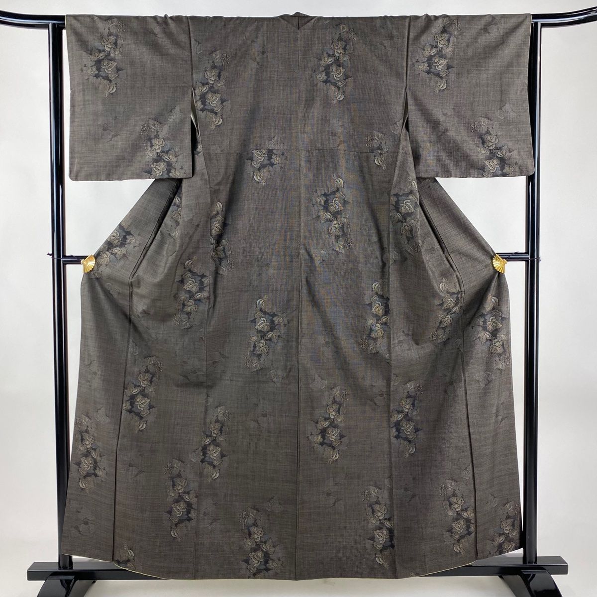 大島紬 身丈158cm 裄丈63.5cm S 袷 都喜ヱ門 純泥染 証紙 葉柄 焦茶色  