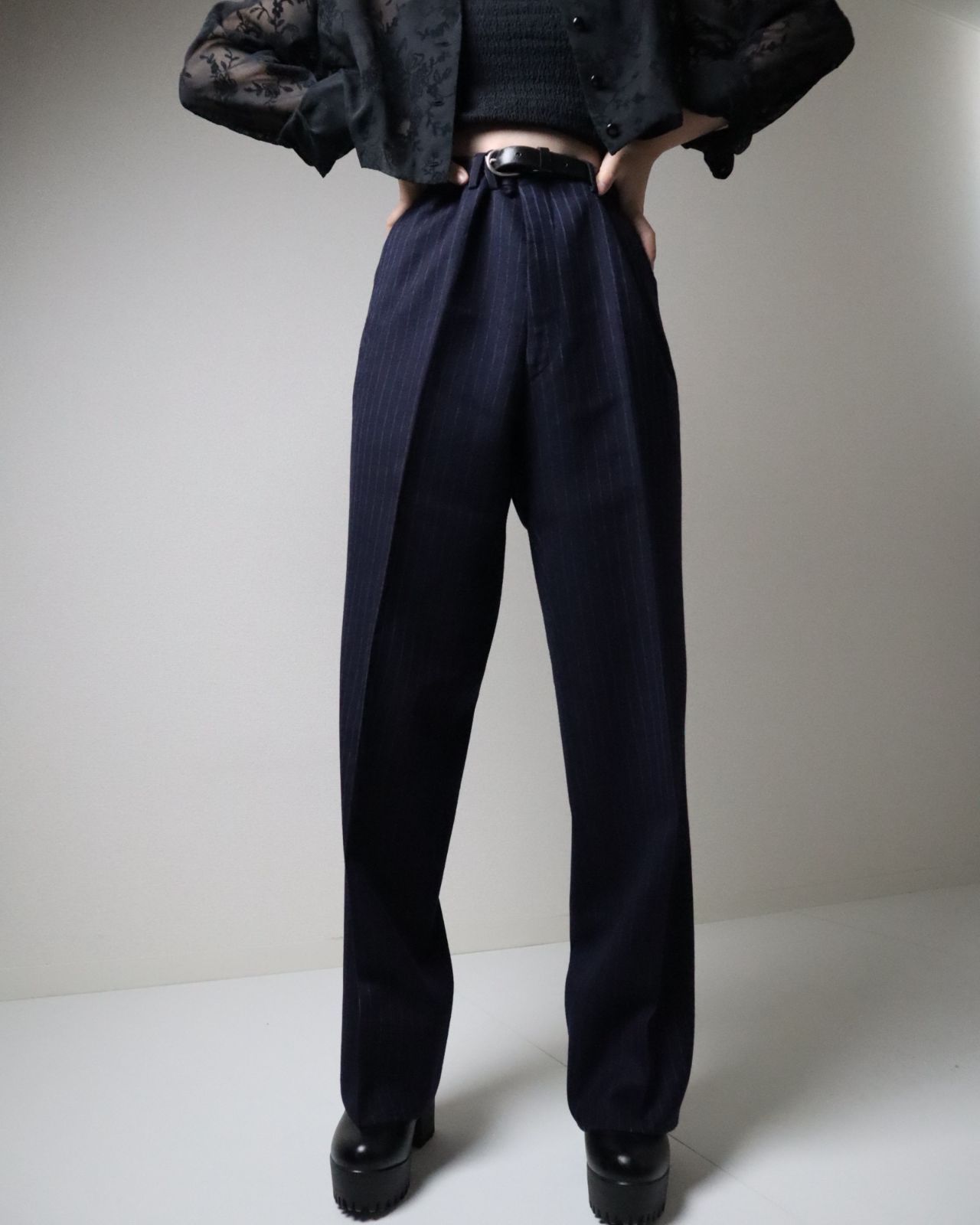 Japan vintage stripe wide-straight wool slacks ダブルライン