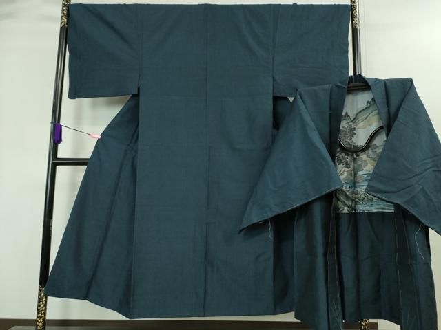 平和屋着物＃男性 長羽織 お召地 紋付き 藍鉄色 正絹 逸品 未使用