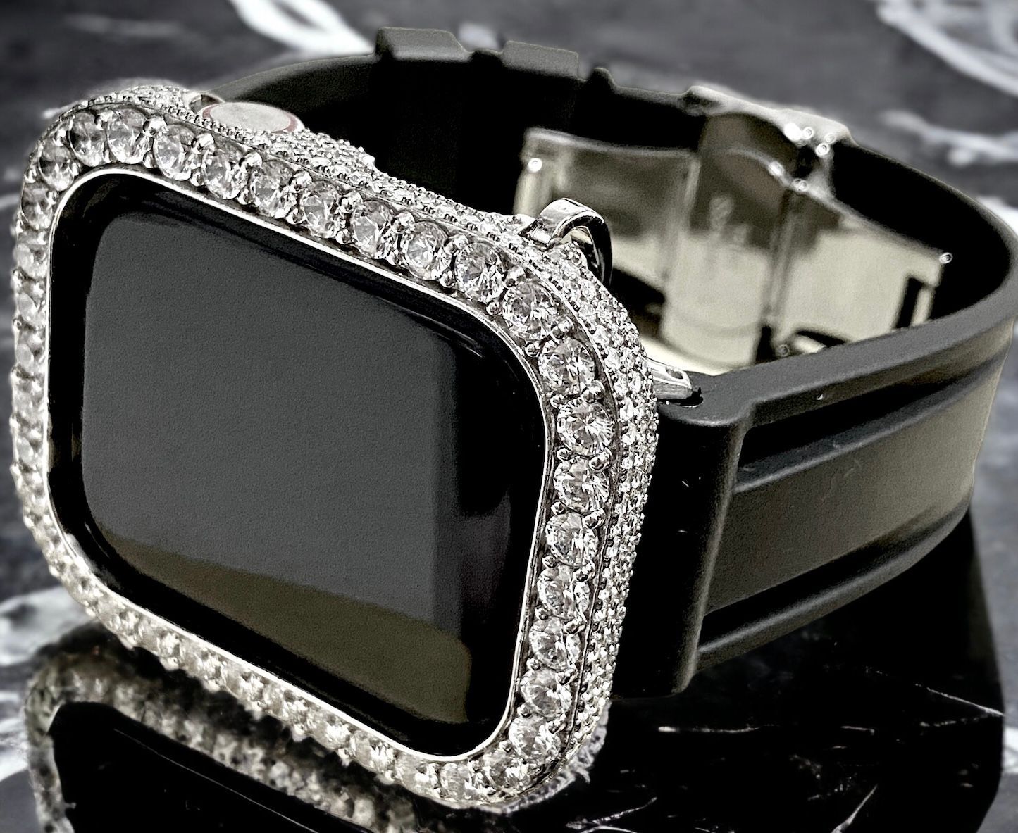 超 大粒シルバー×ブラック AppleWatchキラキラケース カバー アップルウォッチ ラバーバンド ベルト 38 mm 41 42 45