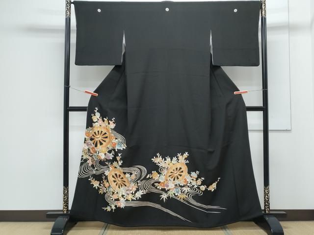 平和屋着物●豪華黒留袖 駒刺繍 片輪車花文 金彩 三越扱い 正絹 CAAX3084th
