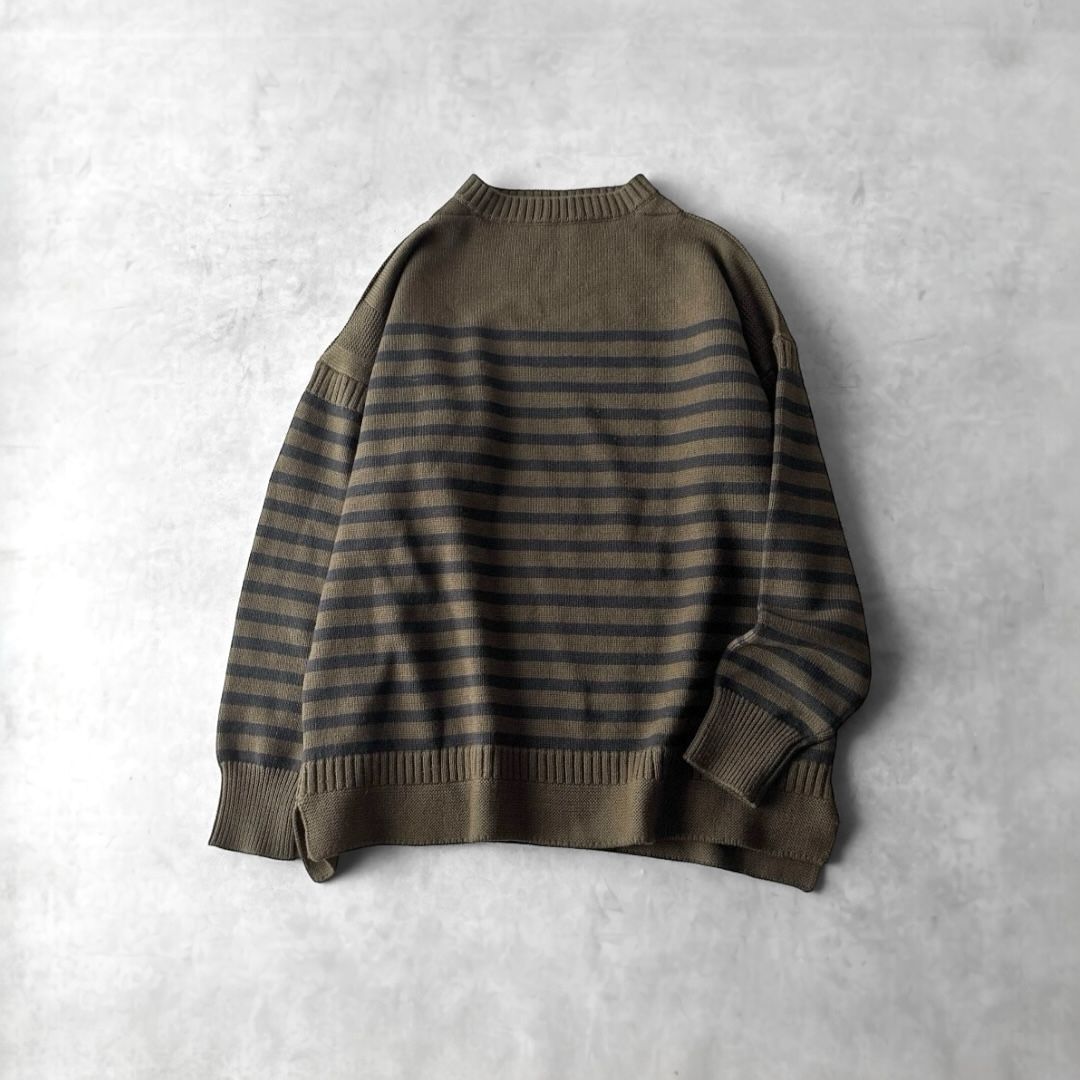 Le Tricoteur ル トリコチュール ウール ボーダー ガンジー ワイドシルエット ニット セーター ユニセックス 42 オリーブ 長袖 ドロップショルダー オーバーサイズ Bshop ビショップ