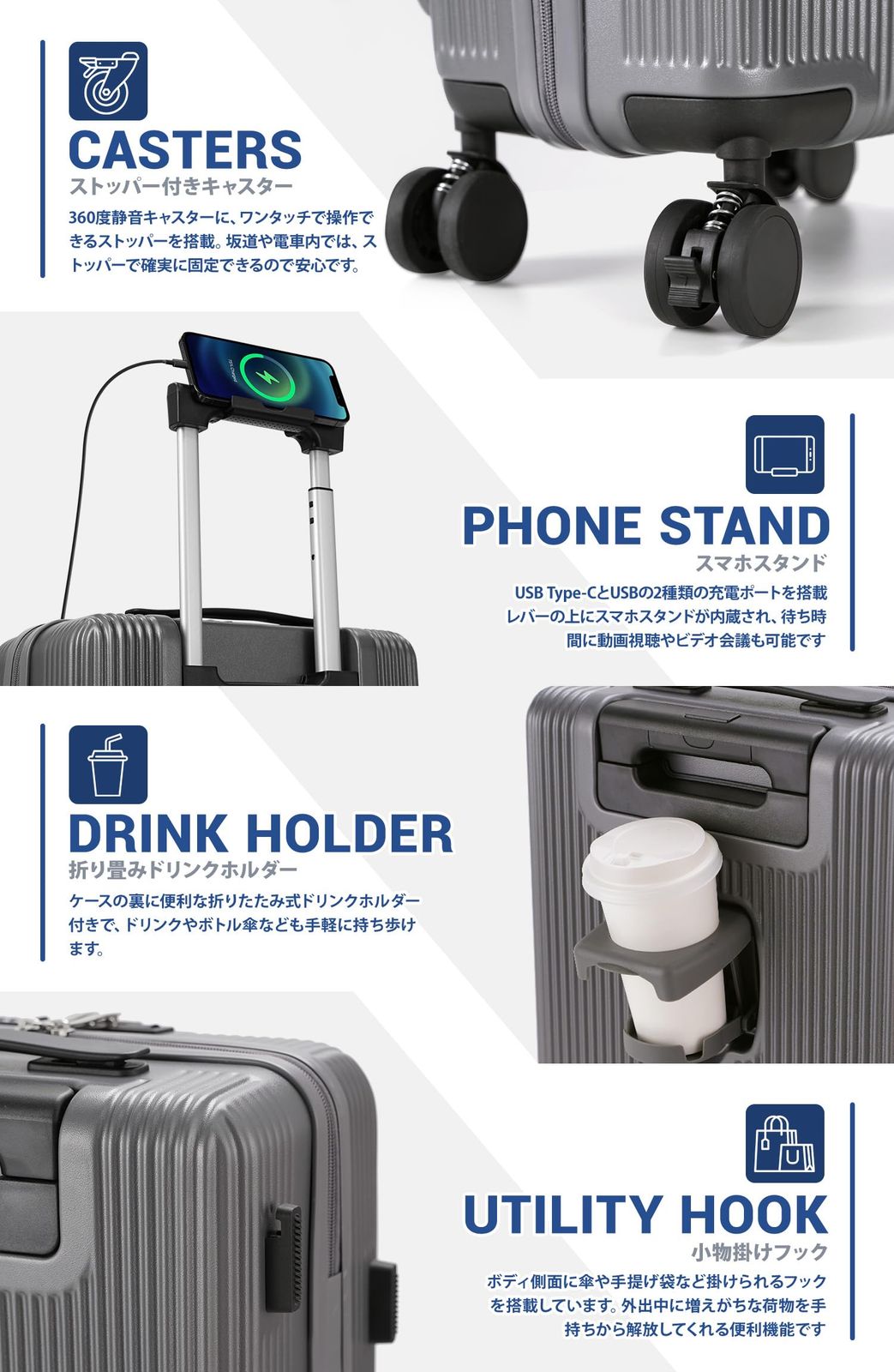 前開き スーツケース USBポート付き キャリーケース Sサイズ フロントオープン 1-3日用 泊まる 軽量設計 大容量 多収納ポケット sc172-20 ブラック⁄了承済み 前開き スーツケース USBポート付き キャリーケース