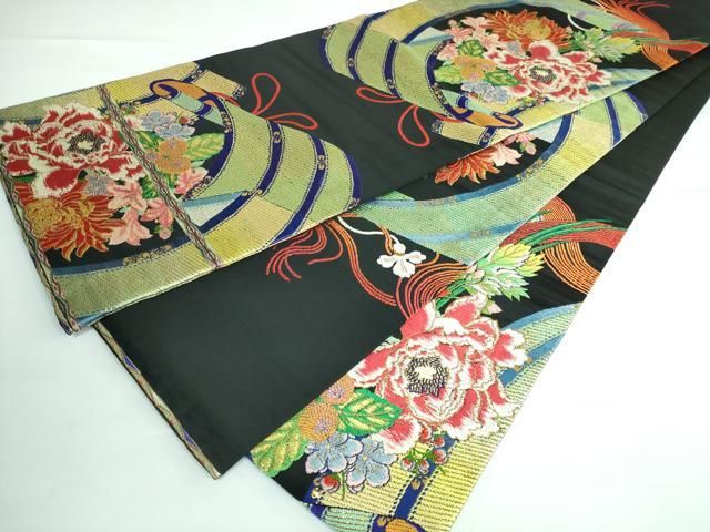 平和屋本店■最高級　龍村平蔵製　丸帯　玉たれの花錦　黒地　金糸　逸品　DZAA5851kh5 平和屋本店□最高級 龍村平蔵製 丸帯 玉たれの花錦 黒地 金糸 逸品