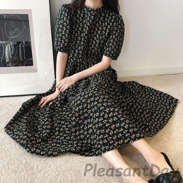 ワンピース レディース 半袖 ロング丈 ミモレ丈 ひざ下 フ 小花柄 フラワー ティアード おしゃれ かわいい ふんわり ゆったり
