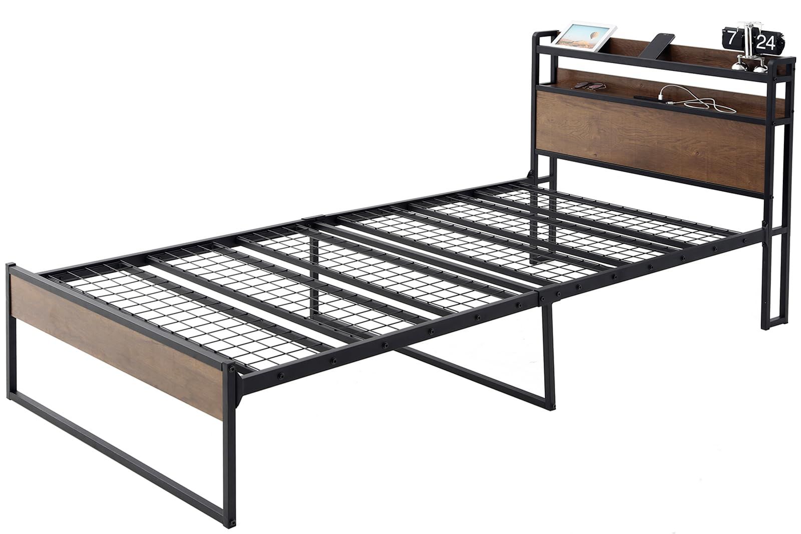 SINNONAKA USB-2コンセント ベッドフレーム 2段宮棚付き パイプベッド 高耐荷重 収納付き スチールベッド カビ防止 アイアン 脚付き フレームのみ シングルベッド 頑丈 木製 ウォールナット×ブラック
