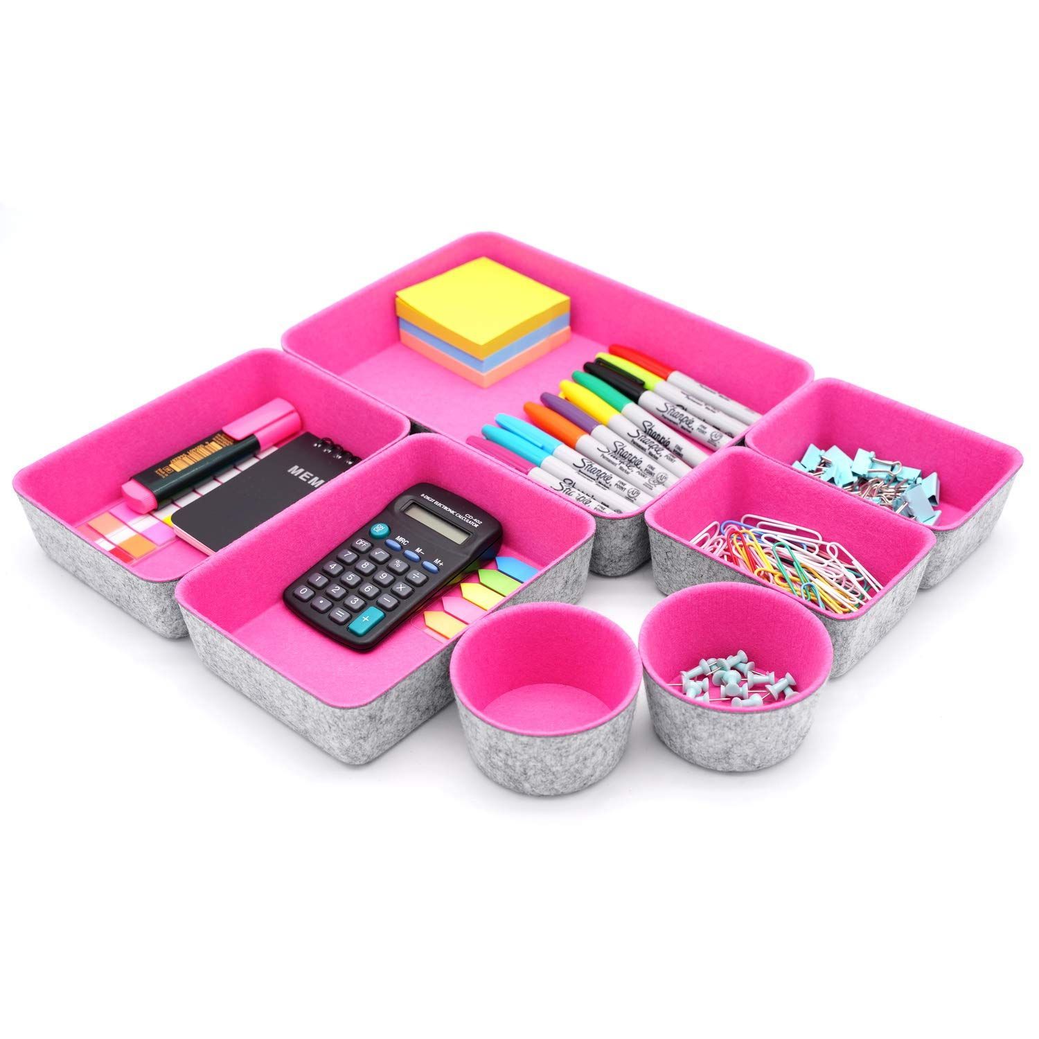 【新着商品】整理 日用雑貨 小物入れ 化粧品 文房具 収納ケース 円形 布製 フェルト 7個 収納ボックス (ホトピンク) KUBIN