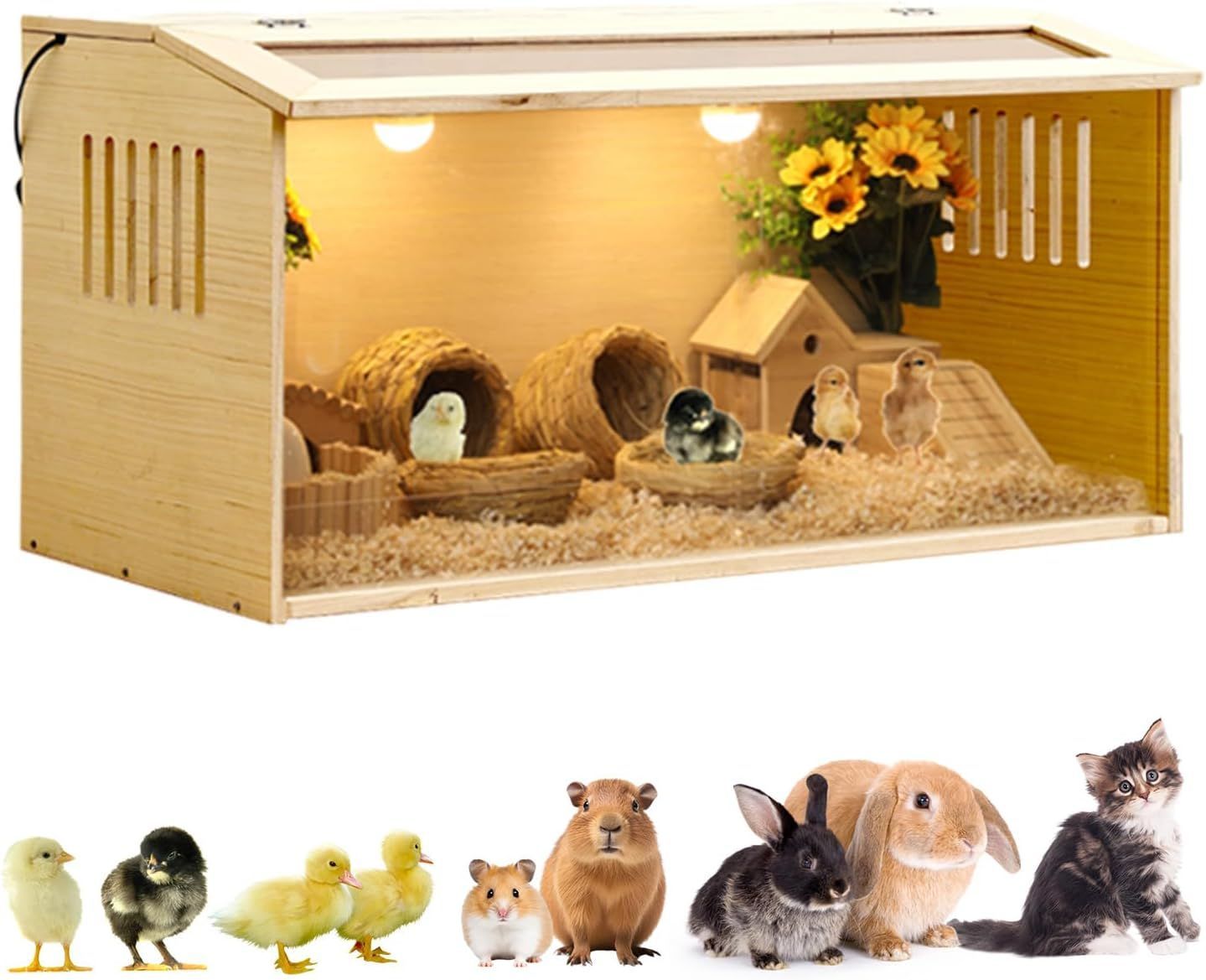 育雛箱 ヒヨコ培養箱 保育器 ひよこ保温箱 木製 窓開閉 無垢材 大空間 透明 0距離観察 天窓付き 暖房ランプ 多機能 育雛生息地用品 ひよこ ウズラ アヒル