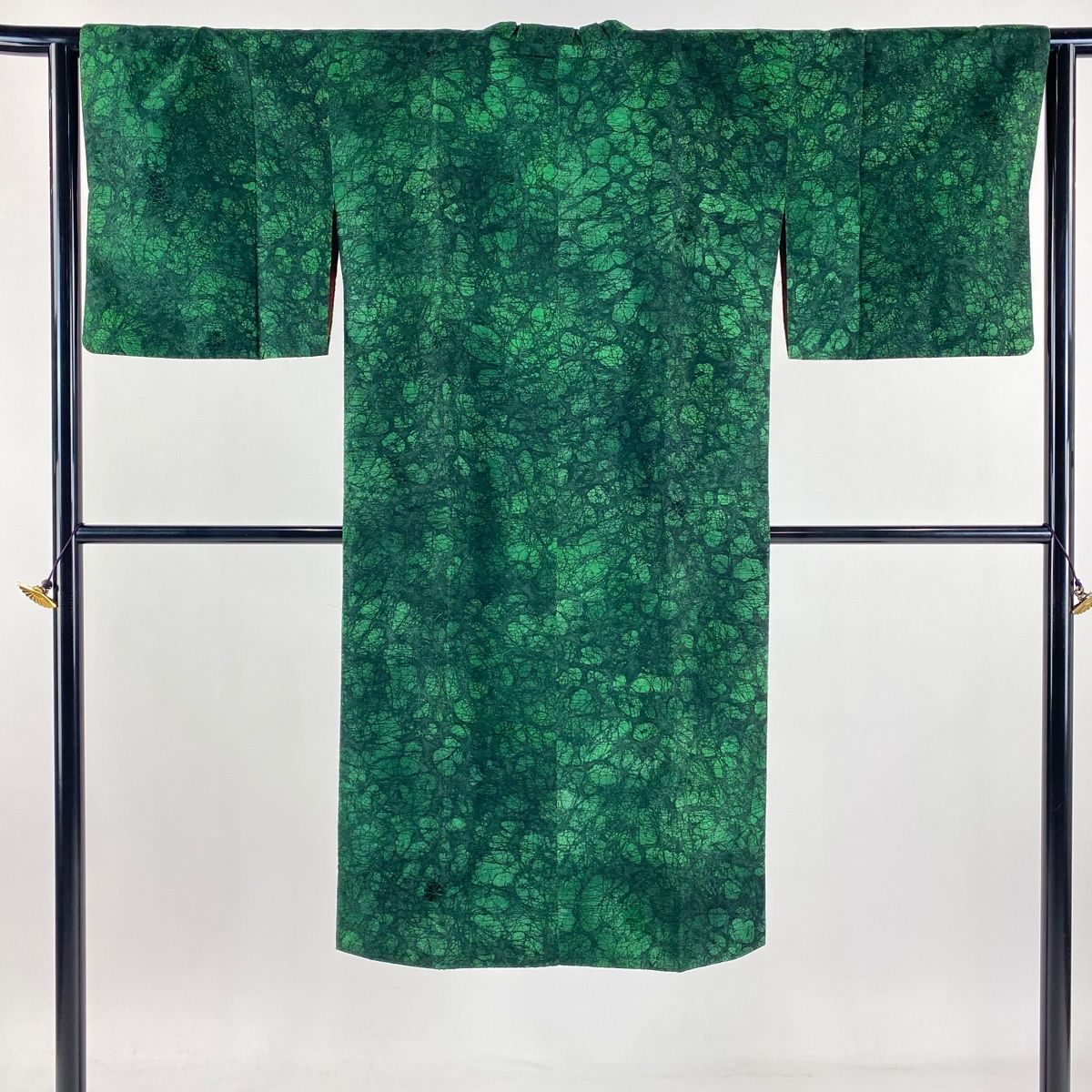 道行 身丈122cm 裄丈64cm M 和装コート 角衿 草花 ビロード風 緑 正絹 名品