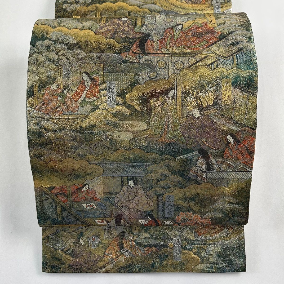 袋帯 名品 源氏物語絵巻 人物 箔 灰緑 お太鼓柄 正絹