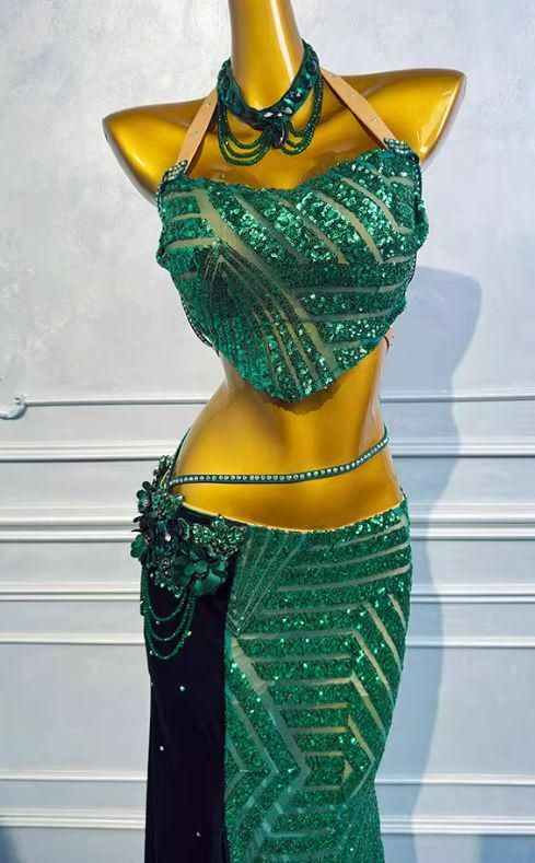 ベリーダンス オリエンタル衣装 レースグリーン ブラスカート オーダーメイド ベリーダンス オリエンタル衣装 グリーン ブラ スカート オーダー